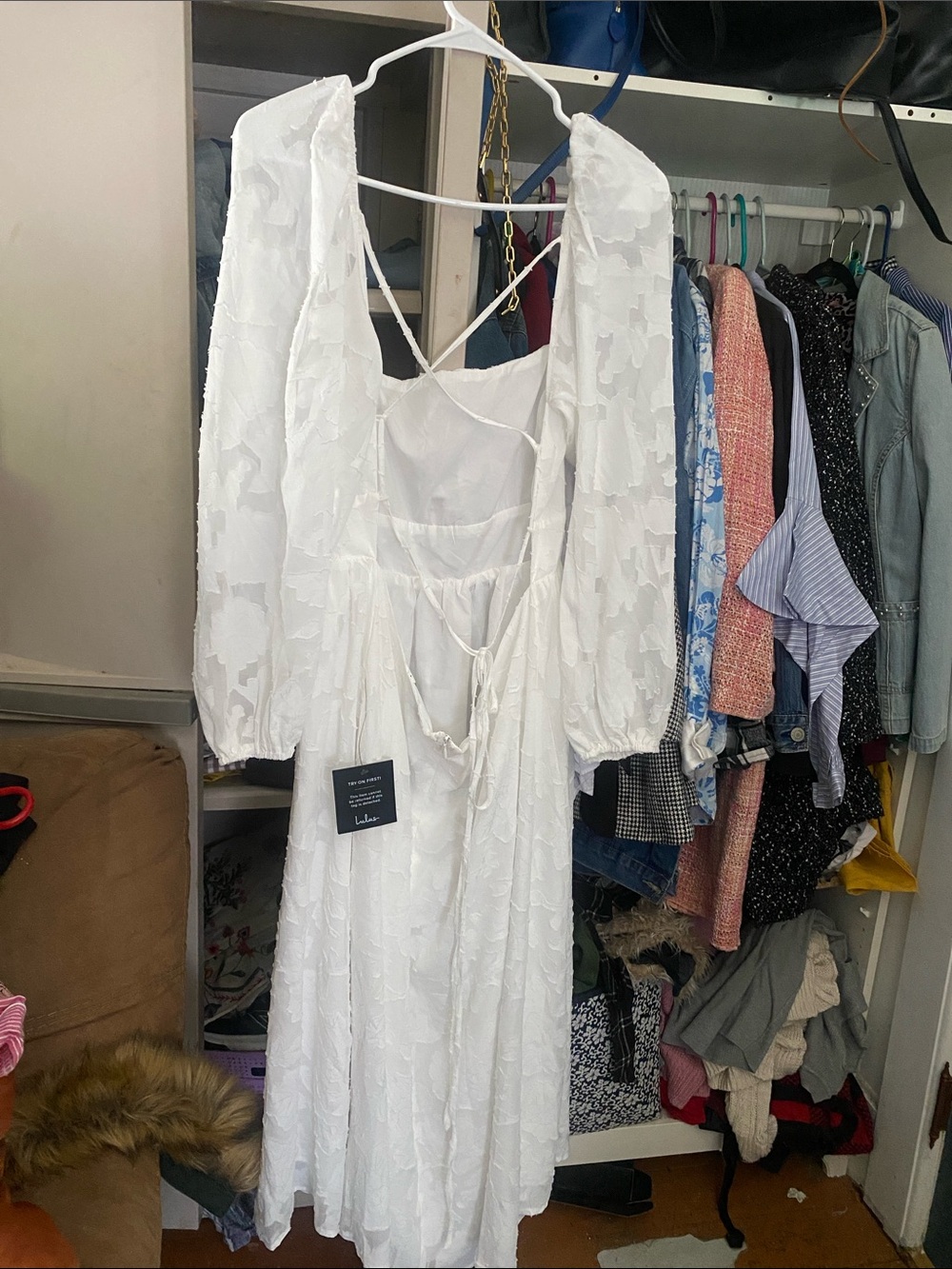 Lulu's White Long Sleeve Lace-Texture Midi Dress with Back Tie